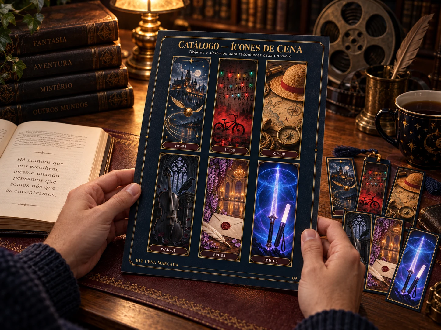 Página A4 do catálogo sendo consultada em uma mesa de leitura