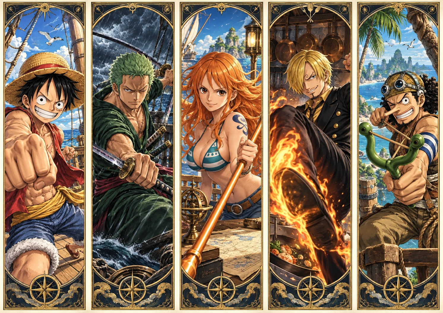 Folha A4 horizontal de marca-páginas de One Piece